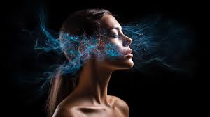 picture of a women breathing with her eyes closed and blue air coming in